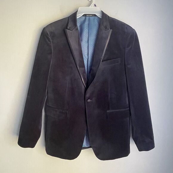 Egara Slim Fit Peak Lapel Velvet Dinner Jacket Blue Size 40R Blazer Quiet Luxury - Picture 1 of 14